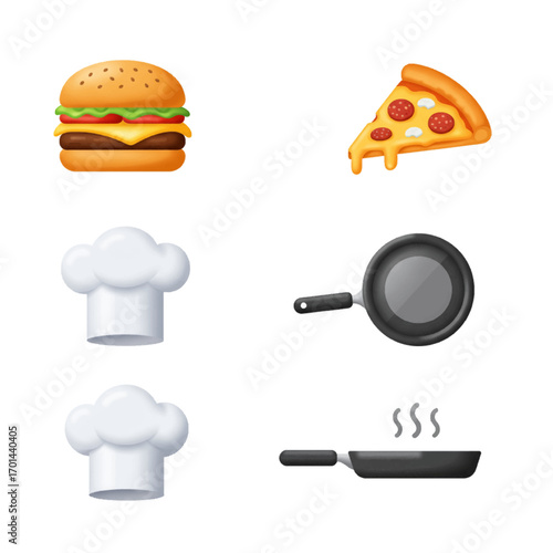 Delicious Burger, Pizza Slice, Chef Hats, and Frying Pans