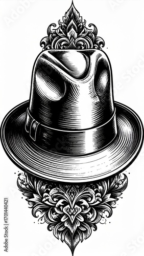Monochrome Engraving of a Fedora Hat Ornamented with Intricate Floral Designs