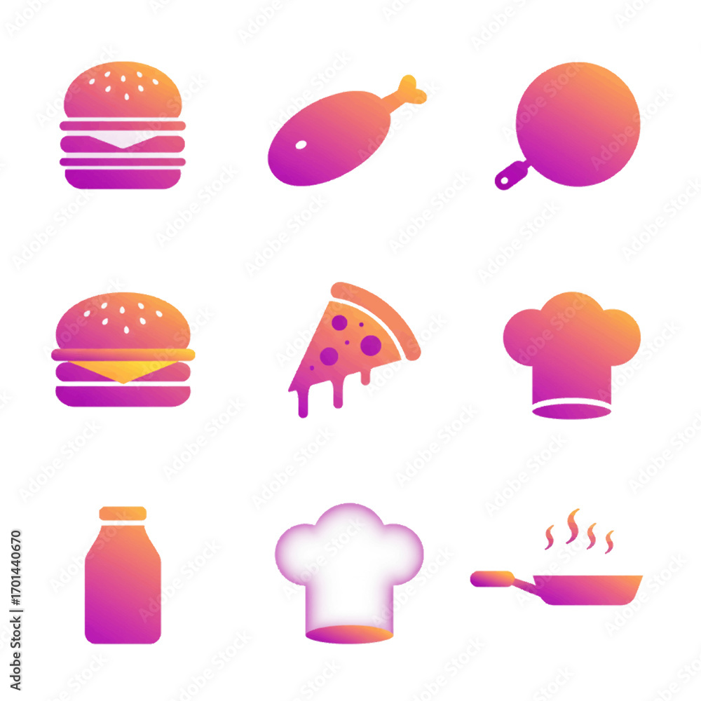 Naklejka premium Food Icons Collection Gradient Burger Pizza Chicken