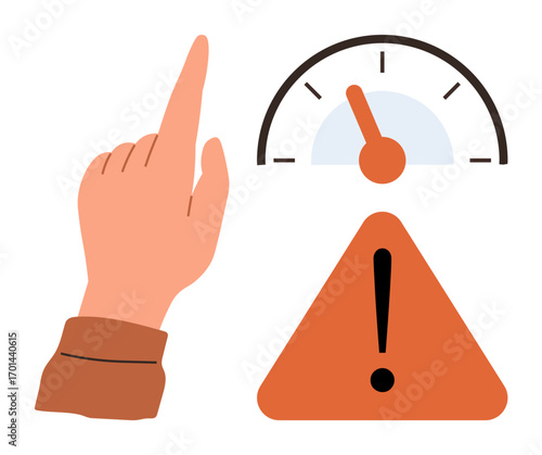 Hand pointing upward towards a speed gauge alongside an exclamation-point caution sign. Ideal for concepts thumbs up alert, risk management, urgency, attention, monitoring, safety, and performance