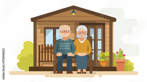 Senior couple on porch of wooden house