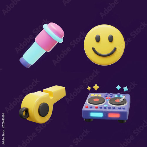 Fun 3D Icons: Microphone, Smiley, Whistle, DJ Deck