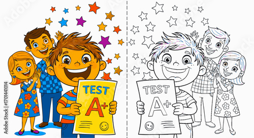 Happy children holding a graded test with an A+ score, surrounded by colorful stars, with a coloring page version to the right