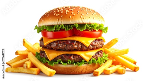 A delicious double cheeseburger and french fries, presented against a pure white background, showcases a mouthwatering culinary creation.