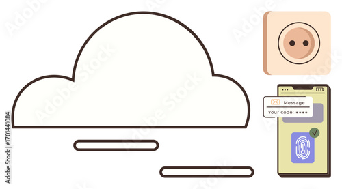 Cloud icon with progress bars, mobile phone displaying a fingerprint scanner and security code, and a padlock symbol. Ideal for data security, authentication, encryption, IoT, cloud technology, user