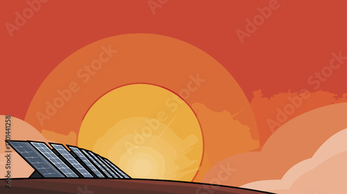 Solar panel array under sunset sky renewable energy concept