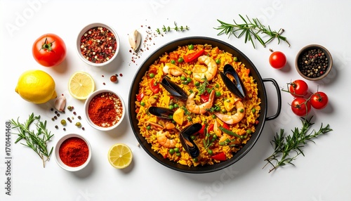 Wallpaper Mural Traditional Spanish Seafood Paella with Fresh Ingredients Top View. Torontodigital.ca