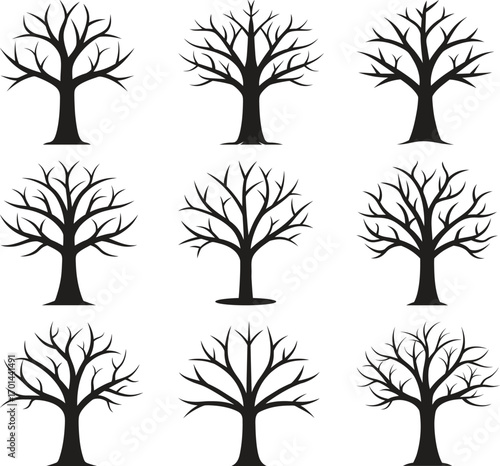 Collection of nine silhouetted bare trees in winter
