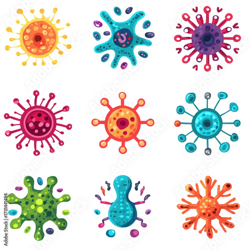 A vibrant collection of colorful stylized virus and bacteria illustrations.
