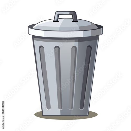 A gray metal trash can with a fitted lid and handle, featuring vertical slats on the sides and sitting on a small base shadow.