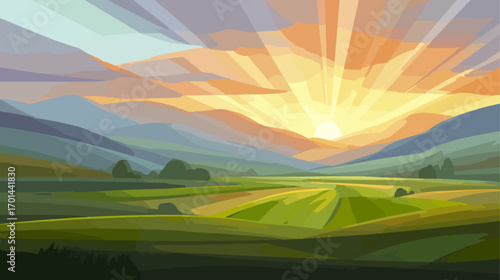 Sunrise over a valley illustration landscape with fields and mountains