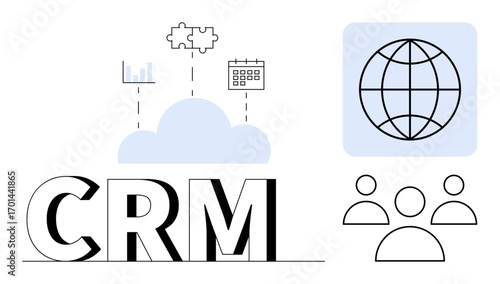 CRM acronym with cloud, graph, puzzle, and calendar icons symbolizing integration, connectivity, and planning. Ideal for business, teamwork, CRM tools data technology strategy organization