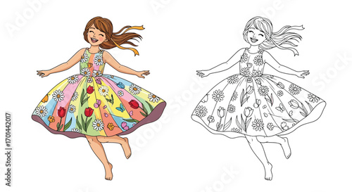 Happy Girl Skipping in a Dress Springtime Coloring Page Fun Outdoor Kids Activity