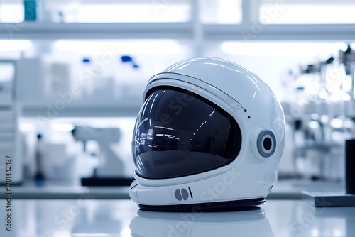 An astronaut helmet in white set delicately on a clean platform.