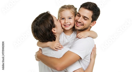 A smiling familymother father and daughterembracing tightly