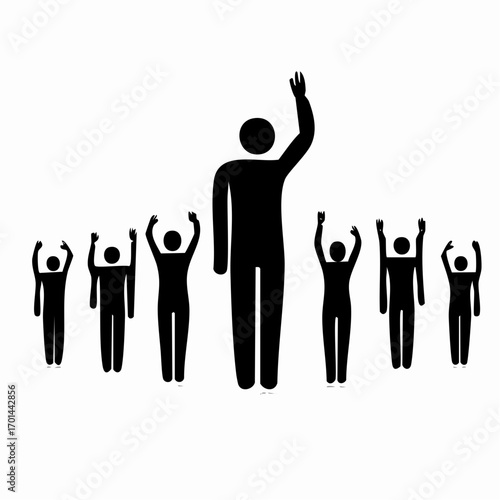 Leadership in Unity: A symbolic image of a leader and their team, arms raised in a gesture of solidarity and collaboration, conveying a sense of common purpose and collective action.