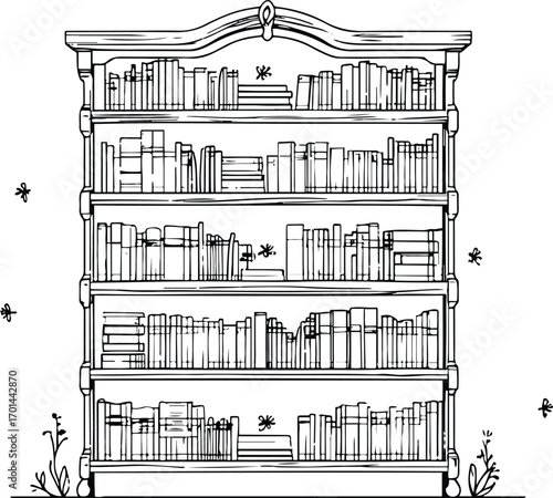 simple line art of bookshelf with books arranged, black outline, white background, home library theme 2