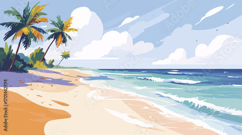 Tropical beach scene with palm trees and ocean waves illustration