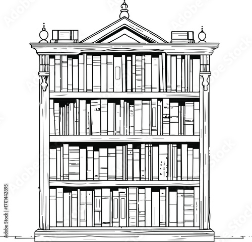 simple line art of bookshelf with books arranged, black outline, white background, home library theme 3