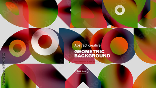 Vibrant geometric shapes overlap, creating colorful abstract background. Text promotes creative design, inviting further exploration.