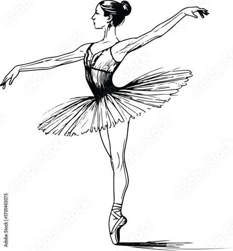 continuous line drawing of ballerina standing on tiptoe, elegant black stroke, white background