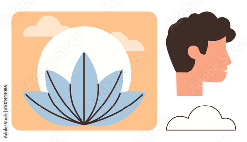 Lotus flower in soft tones, profile of a serene face, cloud and sunset background. Ideal for mindfulness, mental health, meditation, spirituality, relaxation nature inner peace. Simple flat