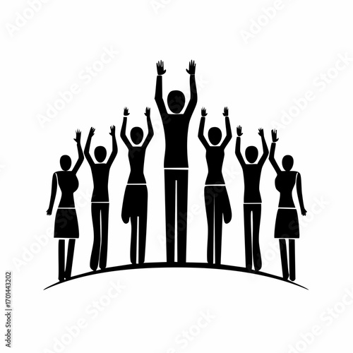 Triumphant Team Silhouettes: A unified ensemble of individuals celebrates a victory, their silhouettes rendered in monochrome against a neutral backdrop.