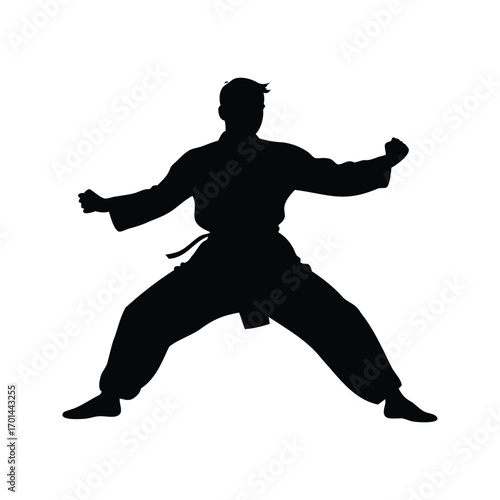 Black silhouette of a person practicing martial arts stance with clenched fists, martial artist in fighting stance silhouette vector illustration