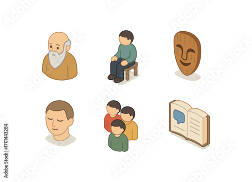 isometric icon items isolated on white background elder mentor seated figure wooden mask calm face student group story icon