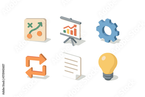 isometric icon items isolated on white background strategic organizer chart board gear icon arrow flow note sheet light bulb