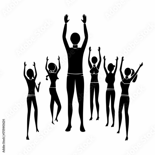 Silhouette Group in Dynamic Pose: Capturing a diverse group of individuals in silhouette, with arms raised high in a gesture of celebration and triumph.