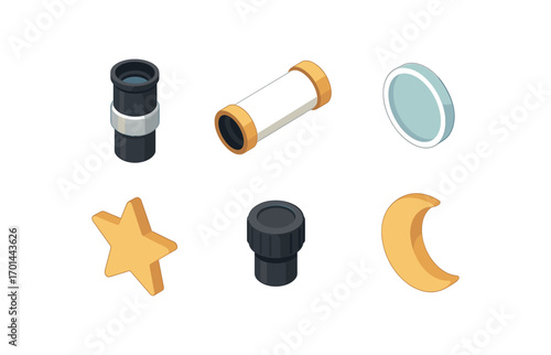isometric icon items isolated on white background astronomy eyepiece telescope tube glass lens focus knob icon moon glow