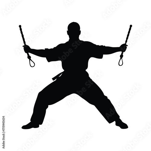 Silhouette of martial artist practicing with escrima sticks, a powerful demonstration., martial artist with nunchucks silhouette vector illustration
