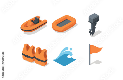 isometric icon items isolated on white background rapid rescue craft inflatable hull outboard motor life vests wave spray safety flag