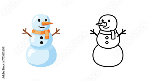 Happy Snowman with Carrot Nose Coloring Page for Kids Winter Holiday Fun Activity