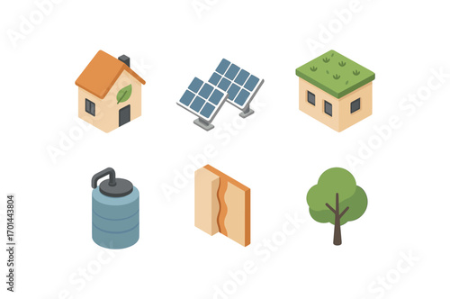 isometric icon items isolated on white background eco efficient home solar panels green roof rain tank insulated walls tree icon
