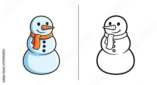 Smiling Snowman with Carrot Nose Coloring Page Kids Winter Season Holiday Fun