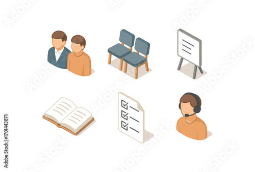 isometric icon items isolated on white background mentor partner shared chair whiteboard line open book checklist page support icon