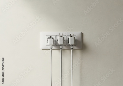 Triple power outlets plugged into wall, energy consumption concept