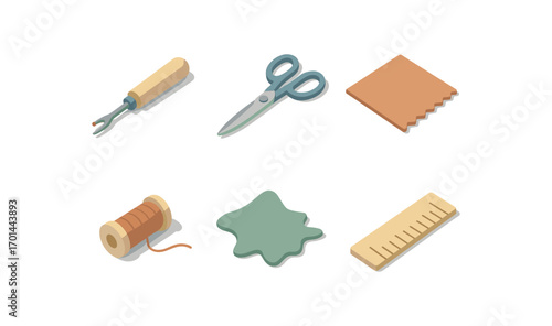 isometric icon items isolated on white background garment seam trimmer sewing scissors fabric edge thread line cut scrap ruler base