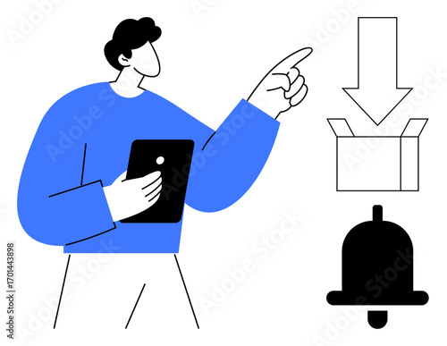 Man holding tablet pointing at downward arrow, box, and bell. Ideal for technology, delivery, notification, communication, digital interaction e-commerce customer service. Simple flat metaphor