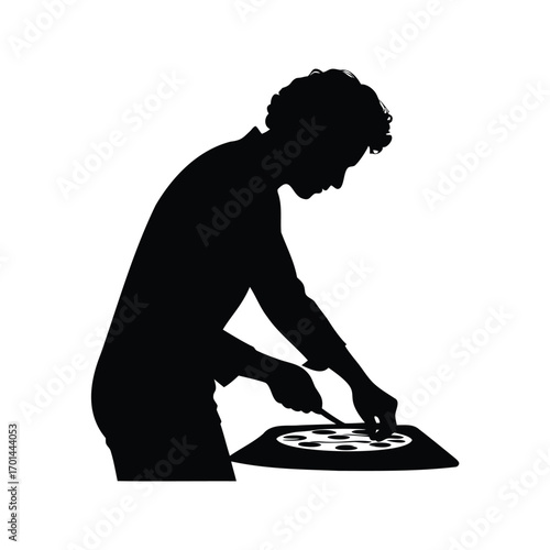 Silhouette of a man carefully crafting a record, laser focusing on precision, person cutting pizza silhouette vector illustration