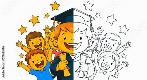 Cartoon graduate boy with classmates celebrating success, a coloring book page for kids education