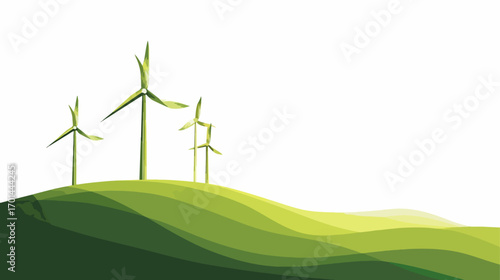 Wind turbines generating clean energy on green hills with copy space
