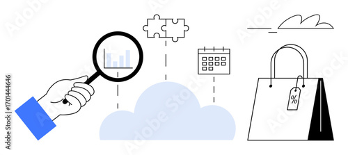 Hand with magnifier examining graph above cloud, connected to puzzle piece, calendar, and shopping bag. Ideal for e-commerce, strategy, teamwork, innovation, analysis planning simple flat metaphor