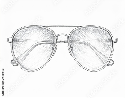 Detailed Ink Drawing of Aviator Sunglasses on White Background in Center Composition