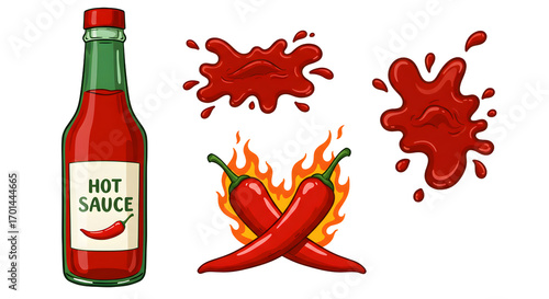 Spicy hot sauce bottle for Mexican and American food illustration