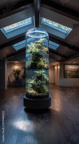 Cylindrical aquarium in a hallway, skylights above