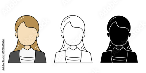 Business woman icon set, female office worker, professional staff, corporate employee and manager avatar illustration in flat line style for business infographic and web design vector.