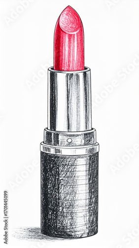 Vintage Lipstick Illustration Red Shade in Silver Tube on White Background
